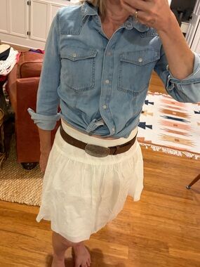 Light Wash Denim Button-Up Shirt with White Eyelet Skirt